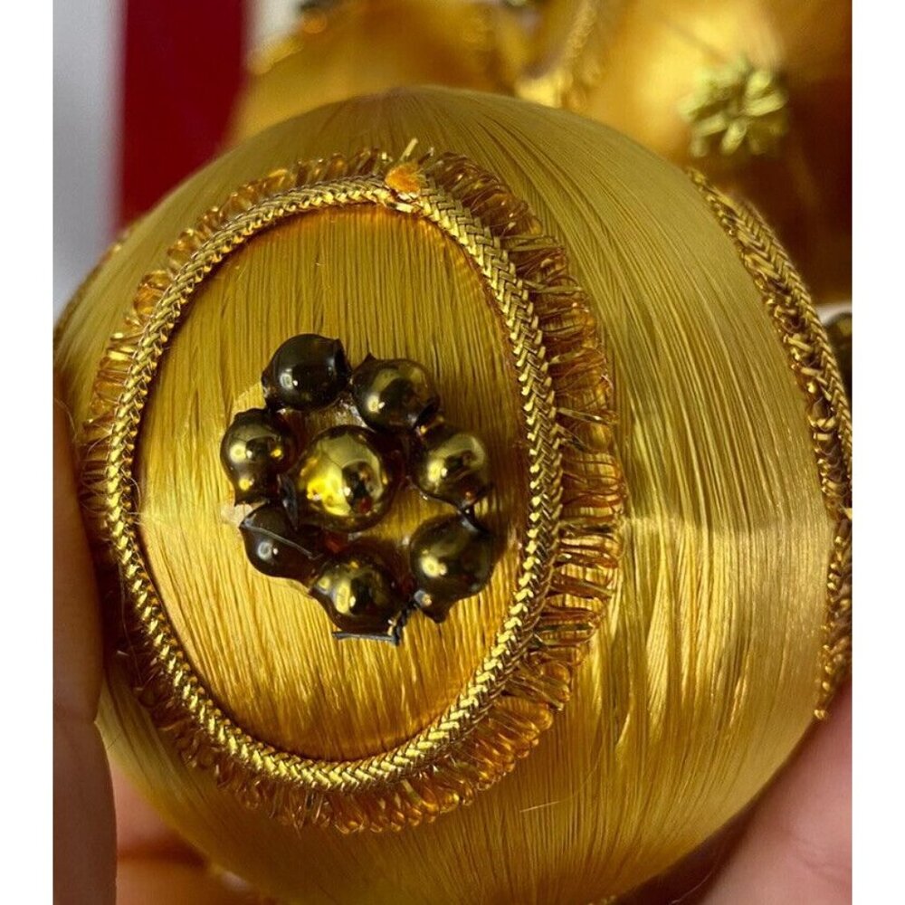 Vintage Mercury Bead Christmas Tree Ornament Gold Satin Lot of 8 Handmade - Picture 5 of 7